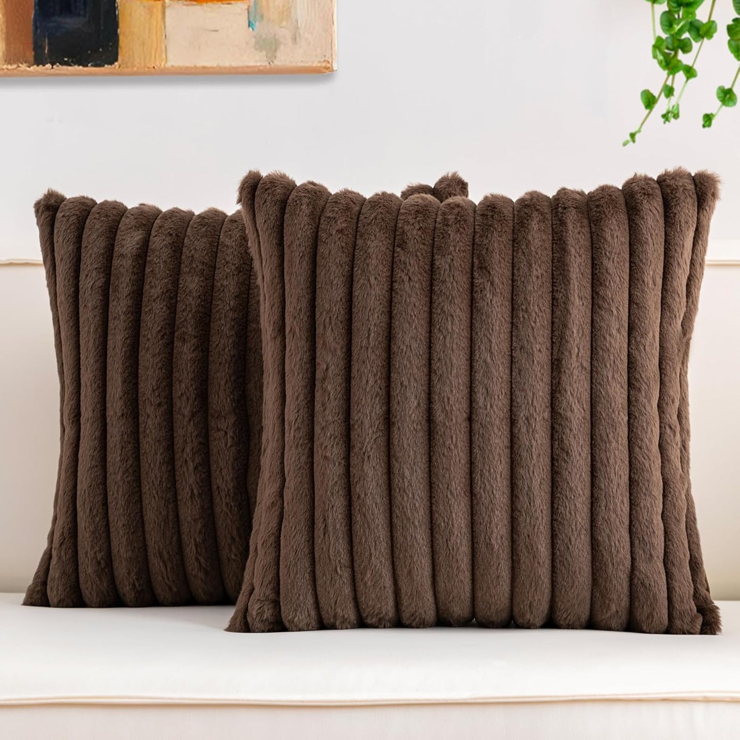 Aegero Pack of 2 Faux Fur Christmas Throw Pillow Covers 18x18 Inch, Soft Plush Striped Neutral Couch Pillow Cover, with Velvet Back Modern Home Decor for Sofa Living Room Couch Bed Cream White