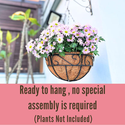 LaLaGreen Hanging Planter for Outdoor Plants (12 Inch, 2 Pack) Hanging Baskets with Coco Liner, Black Metal Wire Flower Basket Pots with Hook Hanger Balcony Porch Farmhouse Country Style Garden Decor