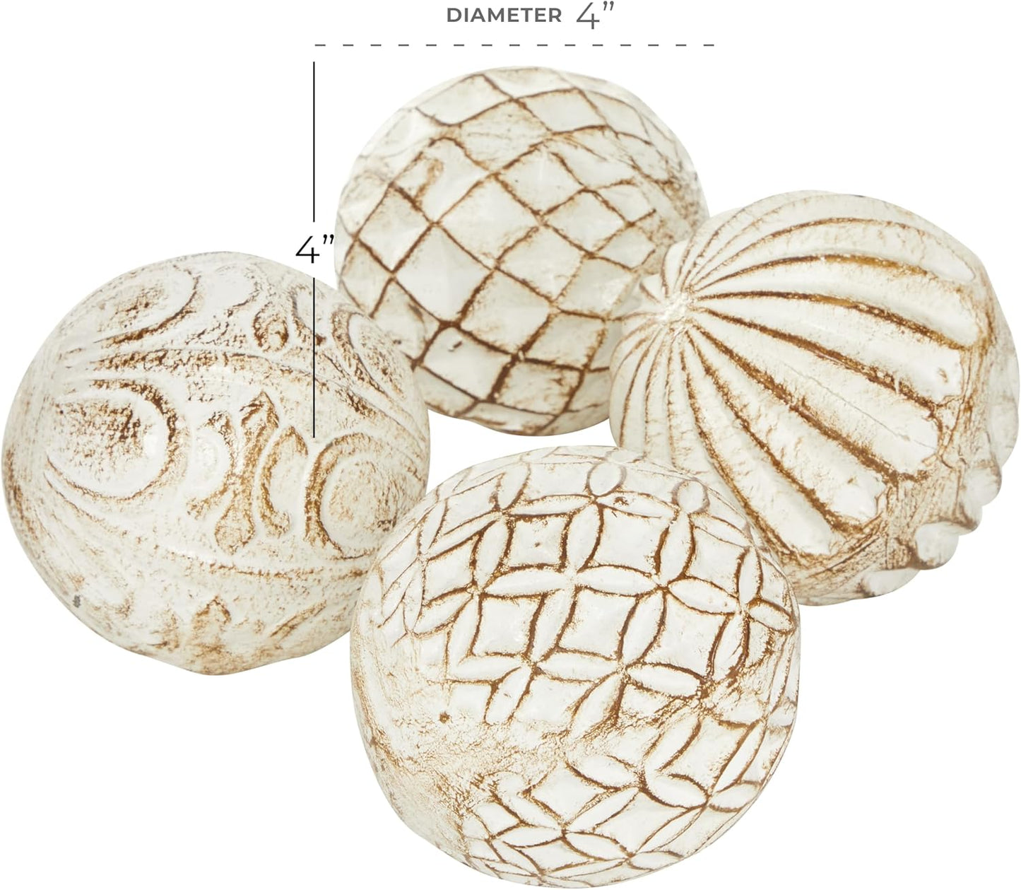 Deco 79 Ceramic Handmade Carved Decorative Ball Orbs & Vase Filler with Varying Patterns, Set of 4 4"W, 4"H, White