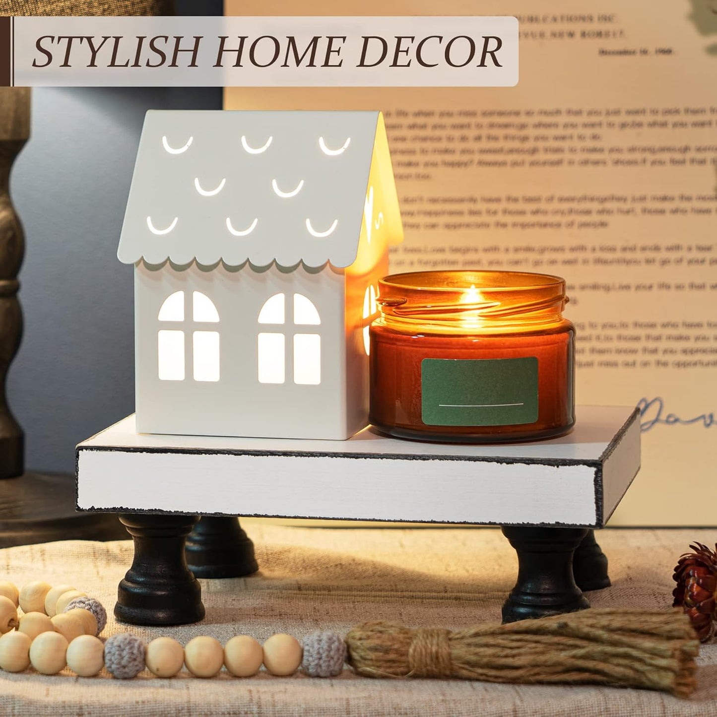 EOSAHR Farmhouse Riser for Room Decor : Decorative Pedestal Stand For Display Your Home Decorations and Uniquely Soap Stand - Rustic Bathroom Counter Tray and Kitchen Decor (Natural Wood)