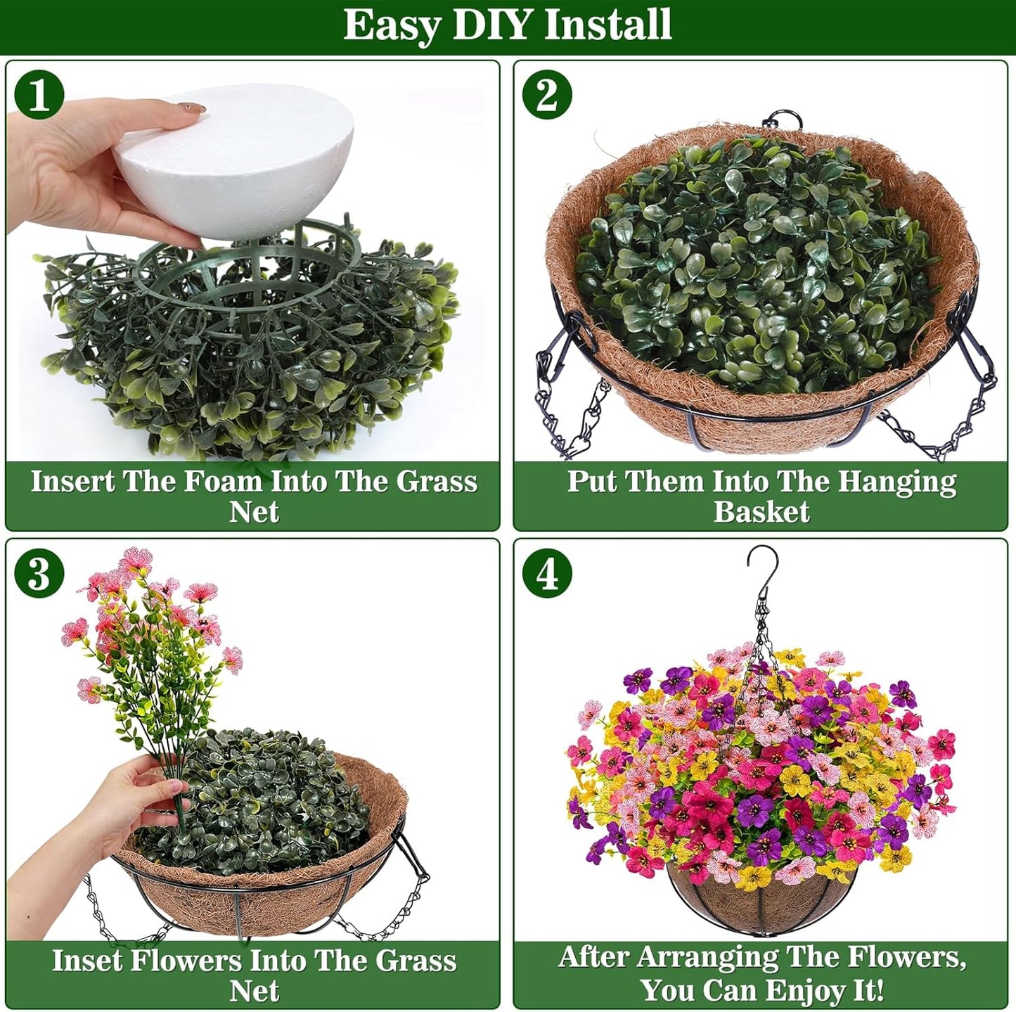 2 Sets Artificial Hanging Plants Flowers Basket Outdoor, Fake Hanging Plants 24 Pcs Flowers for Porch Patio Garden Home Decor for Mothers Day Memorial Day Spring Summer (Red, Purple, Yellow, Rose Red)