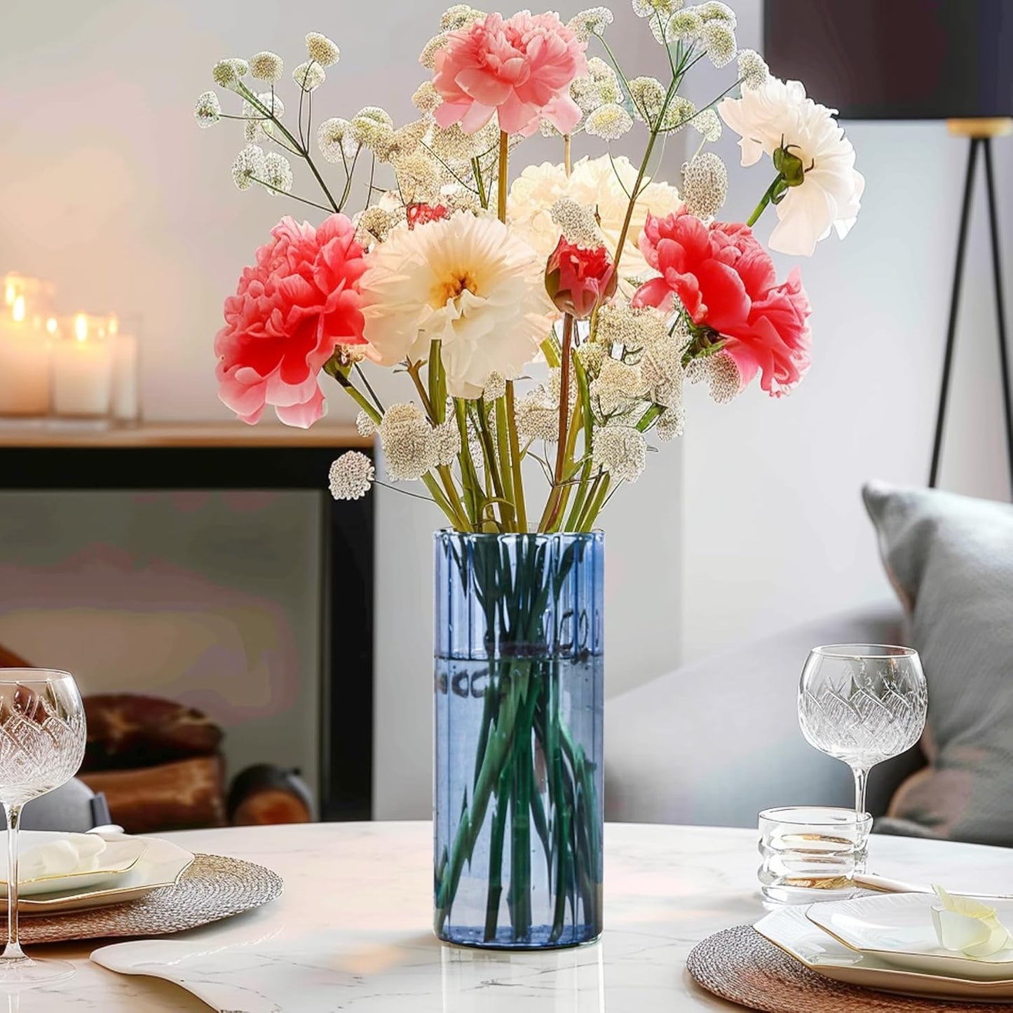 ComSaf Glass Cylinder Vases, Bud Vase for Centerpieces, 8 Inch Tall Ribbed Vase Hurricane Floating Candle Holder, Decorative Flower Vases for Wedding Reception, Home Decor, Housewarming Gift (Clear)