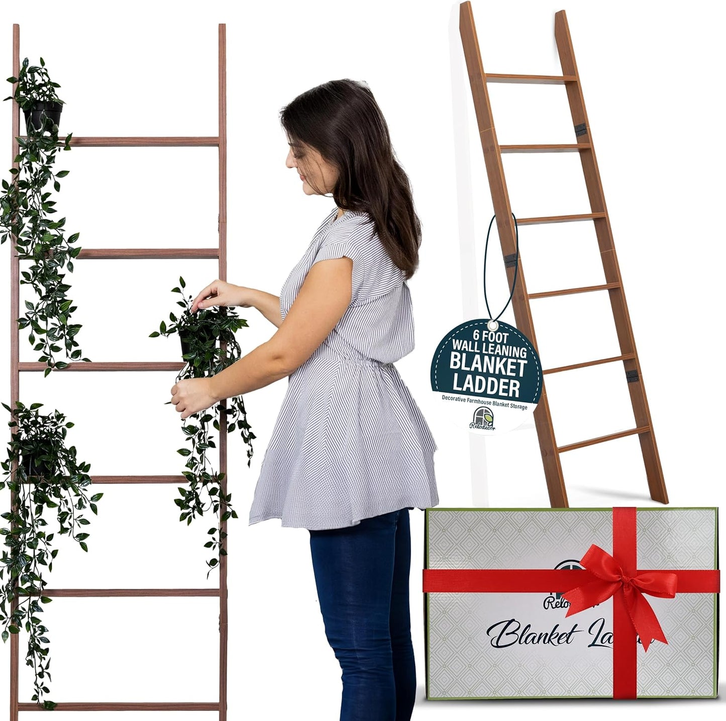 Blanket Ladder for Living Room and Bedroom, 5ft 8 inch, 6-Tier Wall Leaning Laminate Snag Free Construction (White) Rustic Decorative Farmhouse Blanket Storage, Quilt Rack, Ladder Shelf, Easy Assembly