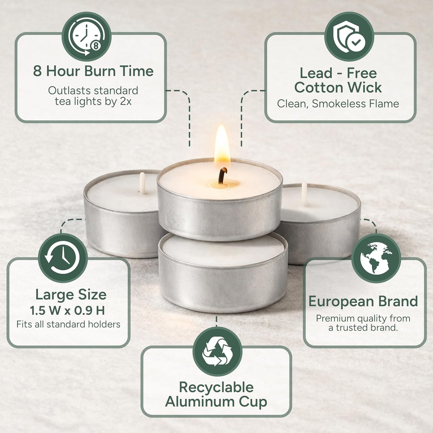 Zuvo Tea Lights Candles 8 Hour Burn (50 Pack) - Unscented White Tealight Candles, Long Burning Smokeless Tea Lights for Weddings, Home, Shabbat, Emergency - European Made, Lead-Free Cotton Wick