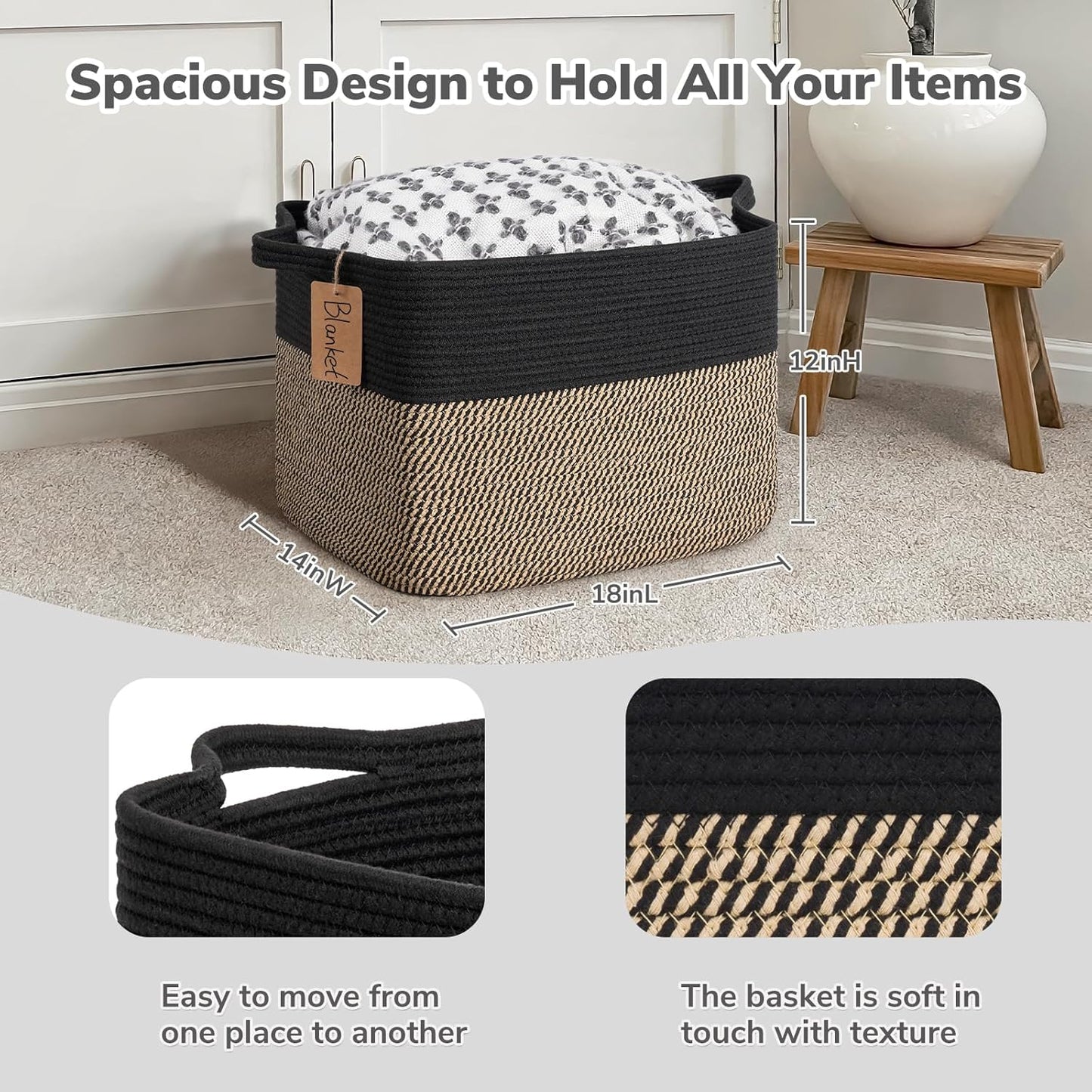 Goodpick Woven Storage Basket, Cotton Rope Basket for Dog Toys, Books, Stylish Gift Basket with Handles, 13 x 10 x 9 Inches Square Baskets for Organizing, Brown and White