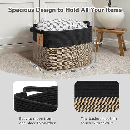 Goodpick Woven Storage Basket, Cotton Rope Basket for Dog Toys, Books, Stylish Gift Basket with Handles, 13 x 10 x 9 Inches Square Baskets for Organizing, Brown and White