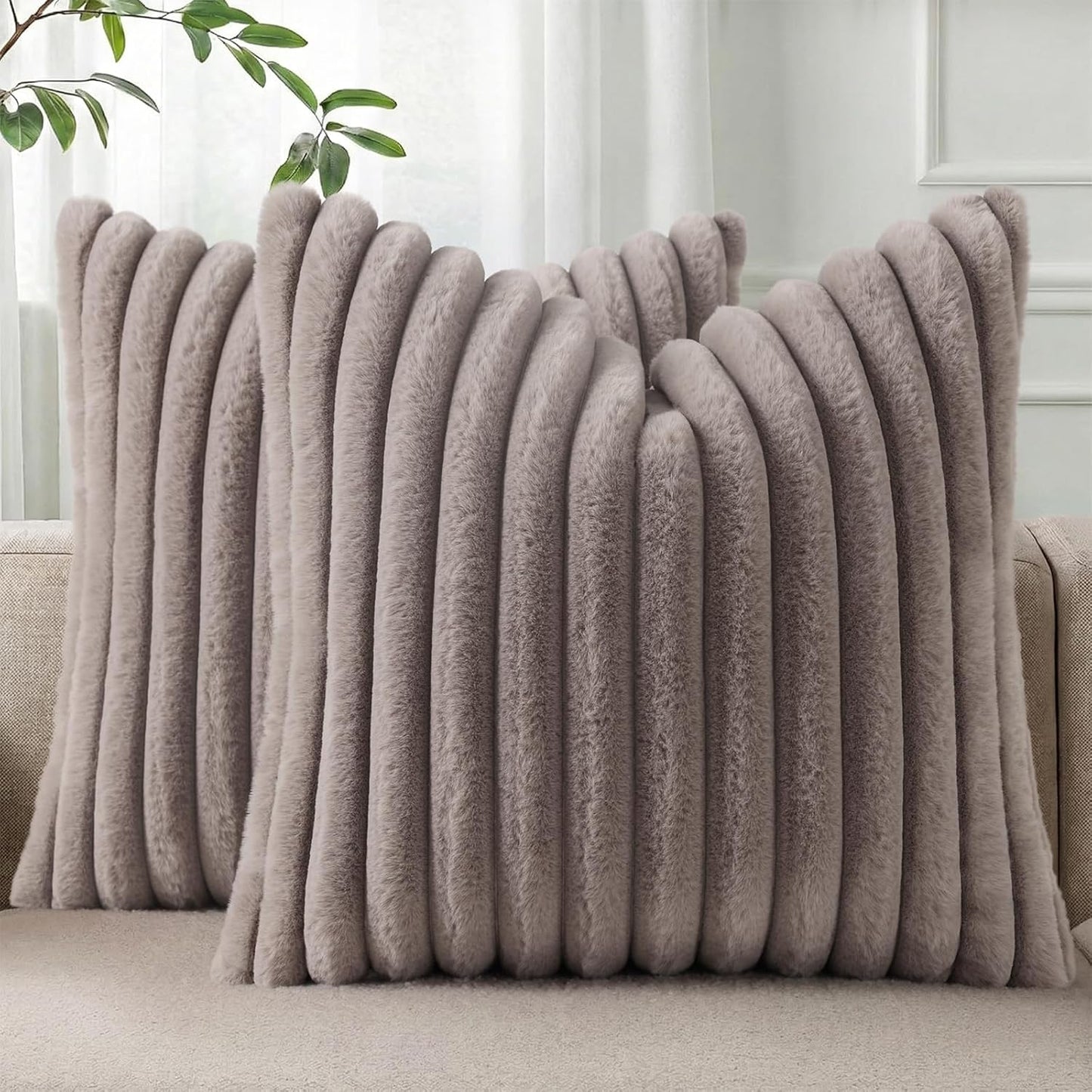 Pallene Faux Fur Plush Throw Pillow Covers 18x18 Set of 2, Luxury Soft Fluffy Striped Decorative Pillow Covers for Sofa, Couch, Living Room, Cream White