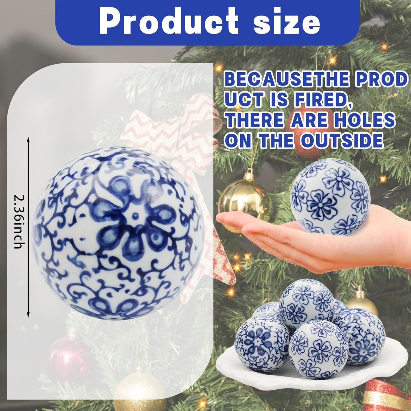 6 Pcs Decorative Blue Balls Chinoiserie Blue and White Ceramic Balls for Centerpiece Bowls Farmhouse Basket Tray Vases Decoration Gifts for Dining Table Holiday(A)