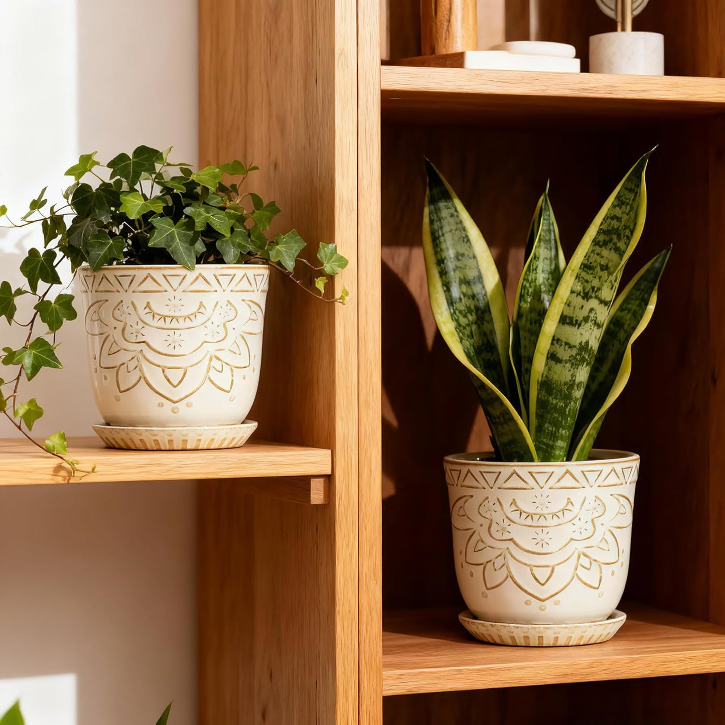 Gepege 6 Inch Beaded Ceramic Planter Set of 2 with Drainage Hole and Saucer for Plants, Indoor-Outdoor Large Round Succulent Orchid Flower Pot (Smoked Gray, Inner-pots not Larger Than 5 Inch)