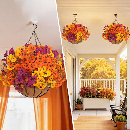 2 Set Artificial Hanging Flowers with Basket for Outdoor Spring Summer Decor, 2 Hanging Planters with 24 Pcs Silk Daisy Flowers for Garden Porch Patio Balcony Decoration
