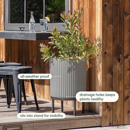 Veradek Demi Series Round Planter w/ Stand for Porch/Patio | Durable Plastic-Concrete & Wooden Stand | Modern Décor for Tall Plants, Flowers