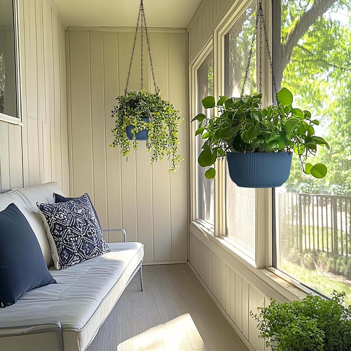 T4U 10 Inch Hanging Planters for Indoor Plants, 2 Pack White Self Watering Hanging Plant Pot, Hanging Pots Set with Drainage Hole & Plug & Chain with 3 Hooks for Garden Home Decor