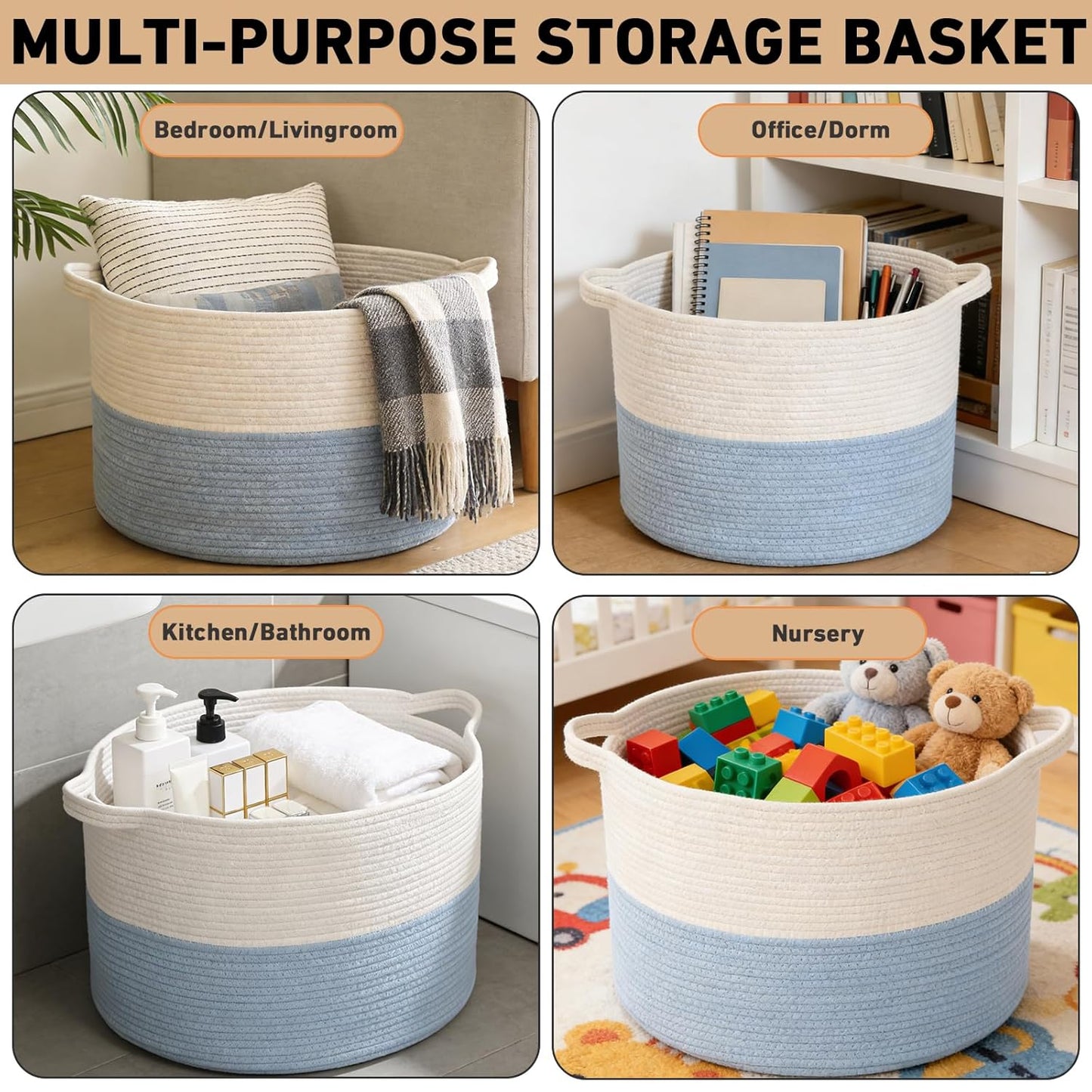Large Woven Blanket Basket,65L Cotton Rope Laundry Basket Hamper with Handles, Decorative Nursery Basket Storage Bin for Toys, Clothes Organizer, Living Room, Bedroom, Bathroom, White & Brown