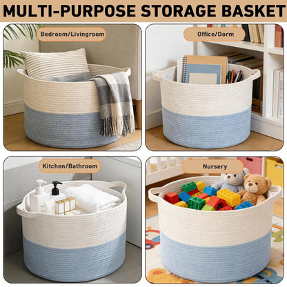 Large Woven Blanket Basket,65L Cotton Rope Laundry Basket Hamper with Handles, Decorative Nursery Basket Storage Bin for Toys, Clothes Organizer, Living Room, Bedroom, Bathroom, White & Brown