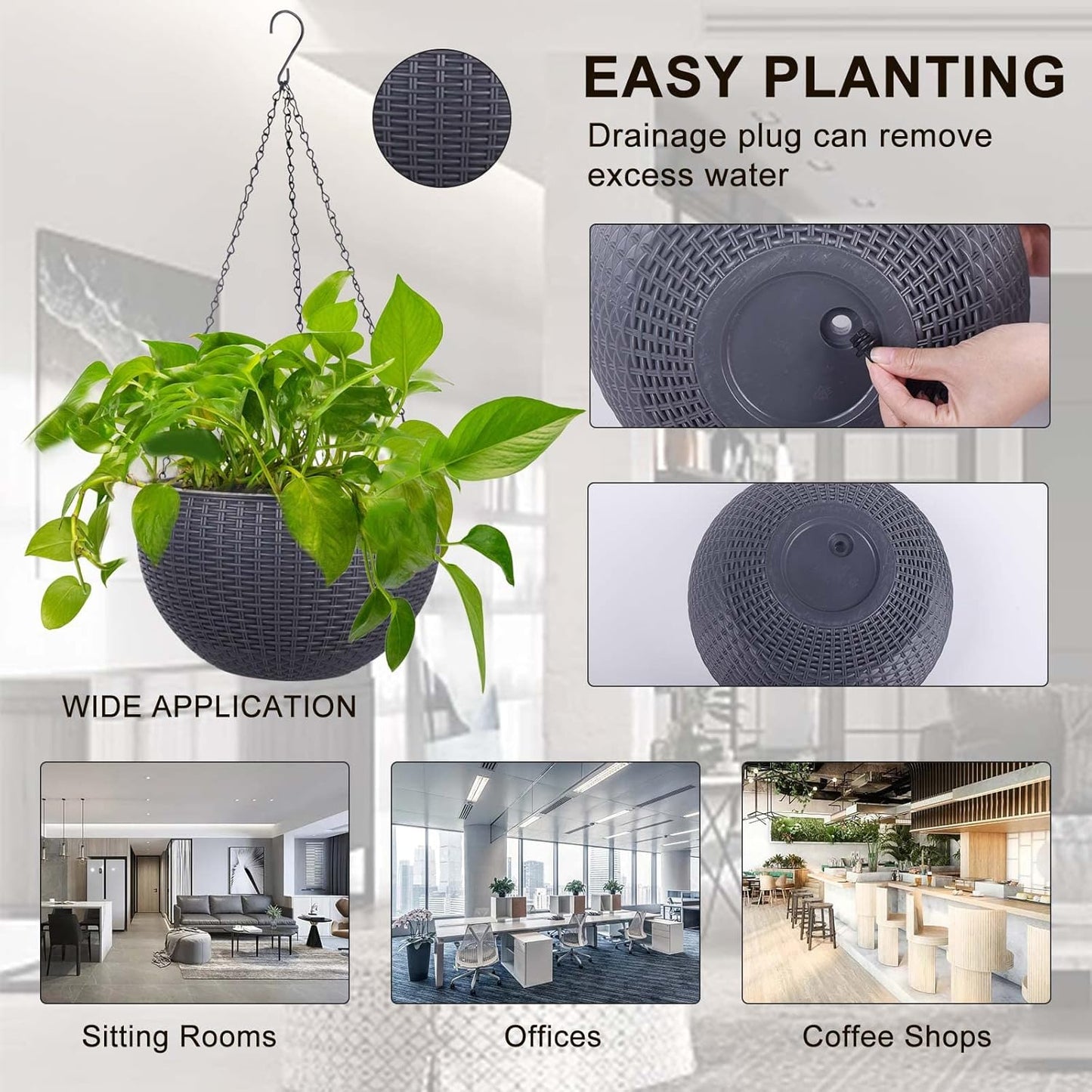 Vencer 11 Inch Round Resin Rattan Hanging Planters,Self Watering Hanging Basket for Indoor Outdoor Plants,Hanging Flower Pots with Drain Hole and Metal Chain,Water Indicator,Coffee,VF-A15-C