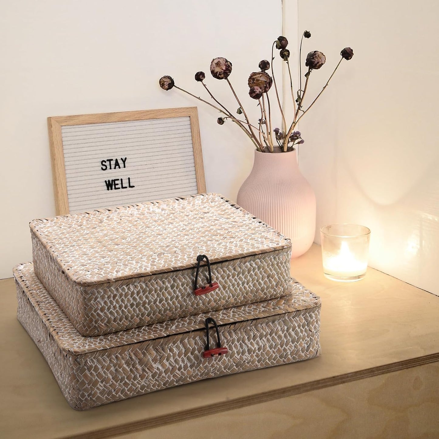 Seagrass Storage Basket Box with Lid Rectangular Woven Shelf Baskets Bins for Organize Snack Toys Set of 2 Natural Decorative(Large+Small)