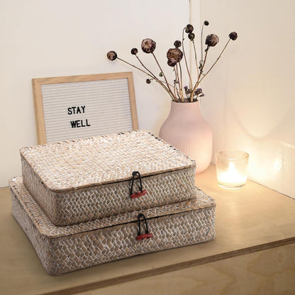 Seagrass Storage Basket Box with Lid Rectangular Woven Shelf Baskets Bins for Organize Snack Toys Set of 2 Natural Decorative(Large+Small)