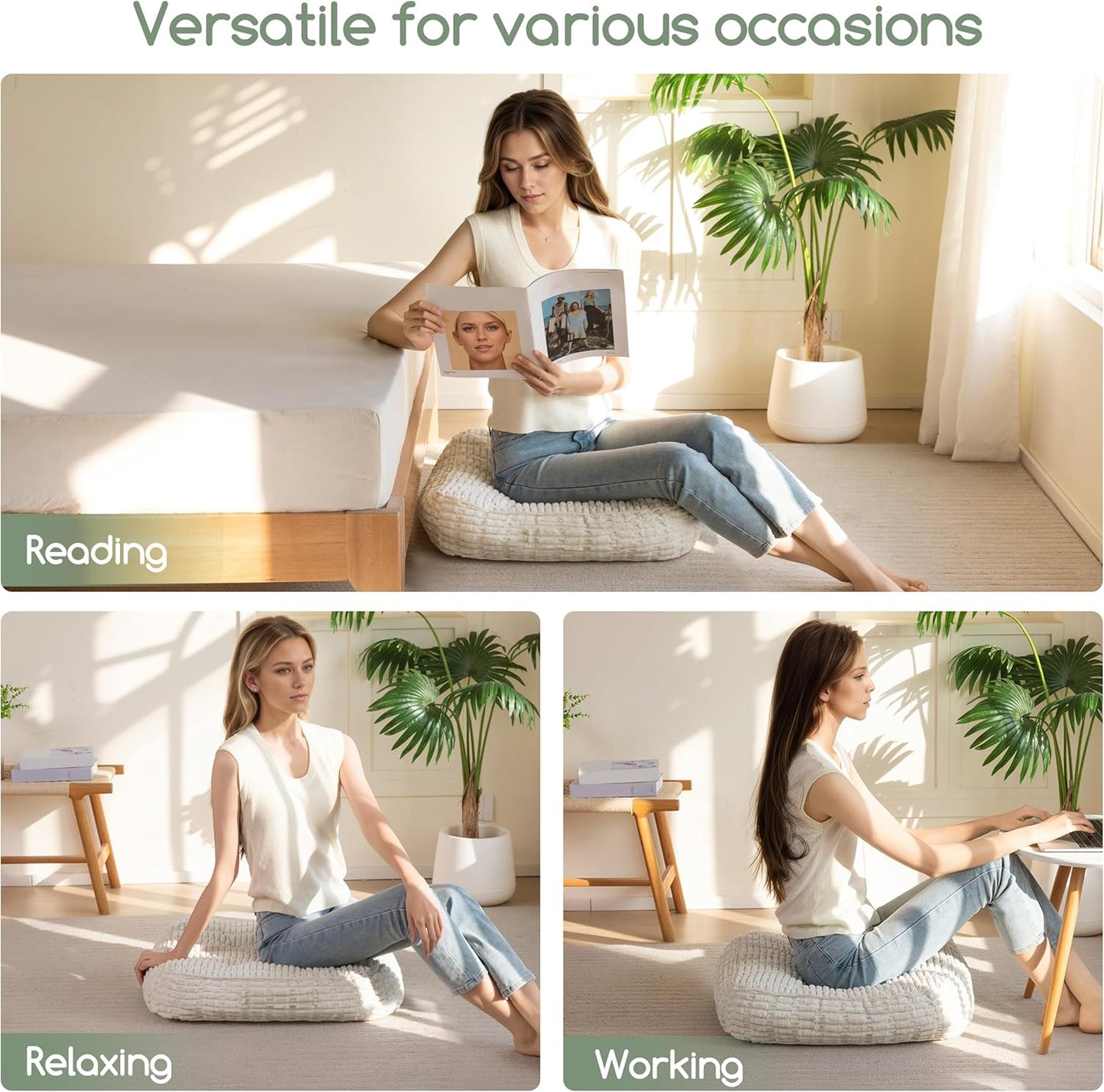 HIGOGOGO Floor Pillow Cushion for Adults, Meditation Cushion Pillow, Blended Corduroy Cover, Large Square Floor Sitting for Tatami Living Room or Yoga, 22x22 Inch, Beige