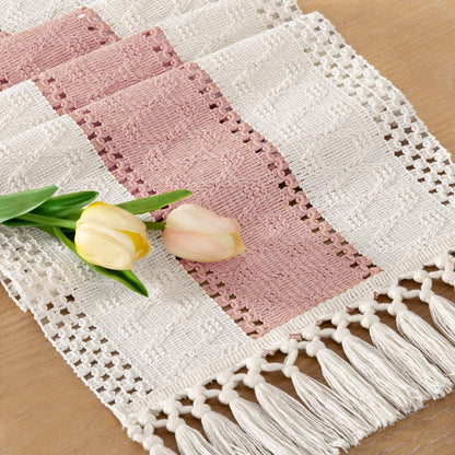 Socomi Boho Table Runner Summer Farmhouse Rustic Dining Kitchen Centerpiece Decor Small Macrame Woven Cotton Linen Coffee Table Runner for Dresser Scarf Home Decor 12x36 inch Beige