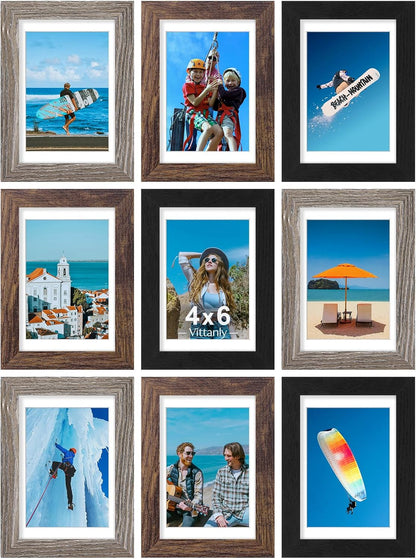 Vittanly 8x10 Picture Frames Set of 9, Shatter Resistant Plexiglass, Display 5x7 Pictures with Mat or 8x10 without Mat, Photo Frames for Wall or Tabletop, Engineered Wood, Black - Colors B