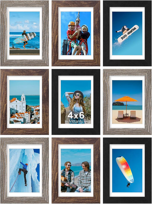Vittanly 8x10 Picture Frames Set of 9, Shatter Resistant Plexiglass, Display 5x7 Pictures with Mat or 8x10 without Mat, Photo Frames for Wall or Tabletop, Engineered Wood, Black - Colors B