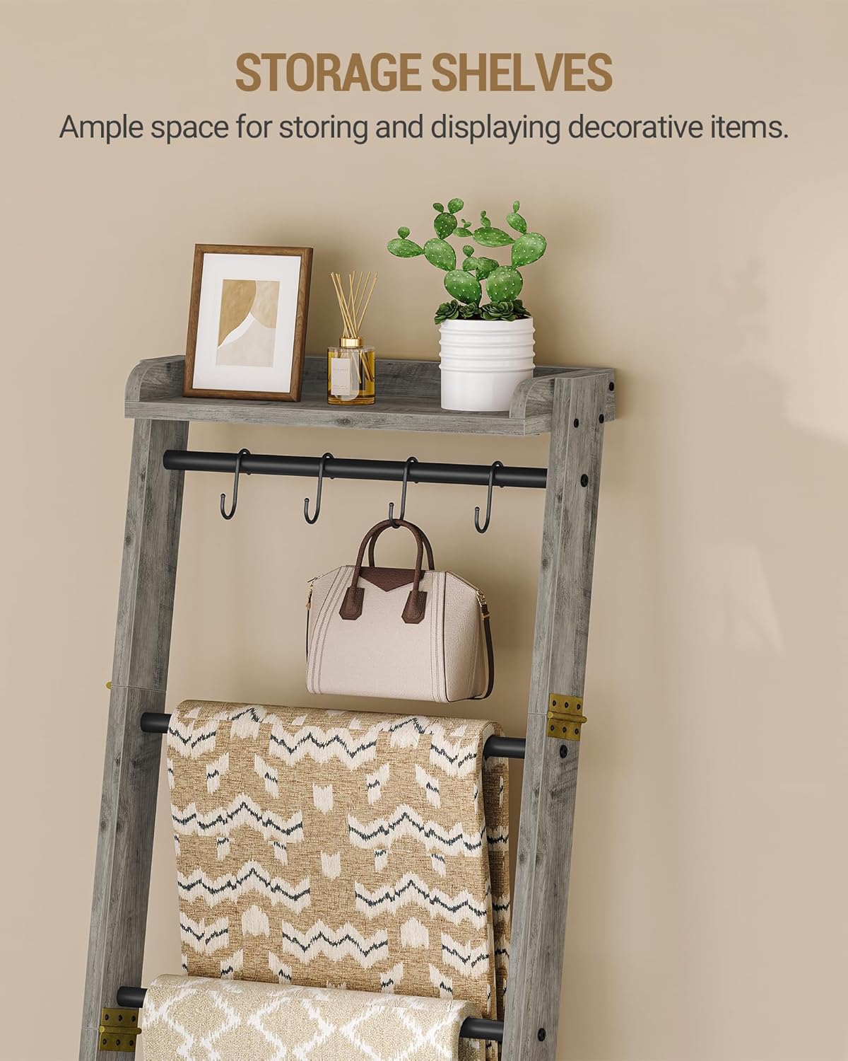 Hzuaneri Blanket Ladder Shelf, Decorative Quilt Rack, 6-Tier Farmhouse Ladder Holder Organizer with 4 Removable Hooks 7.9" D x 17.3" W x 63.4" H, Rustic Brown BR35801B