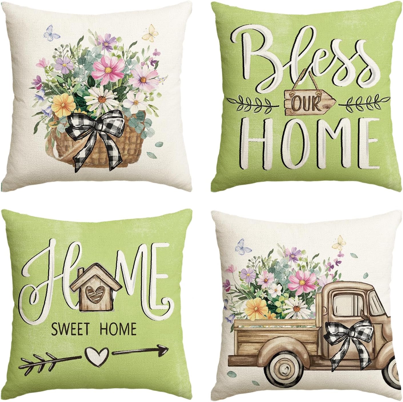 AVOIN colorlife Bless Our Home Farmhouse Eucalyptus Leaves Throw Pillow Covers, 18 x 18 Inch Truck Home Sweet Home Cushion Case Decorations Set of 4
