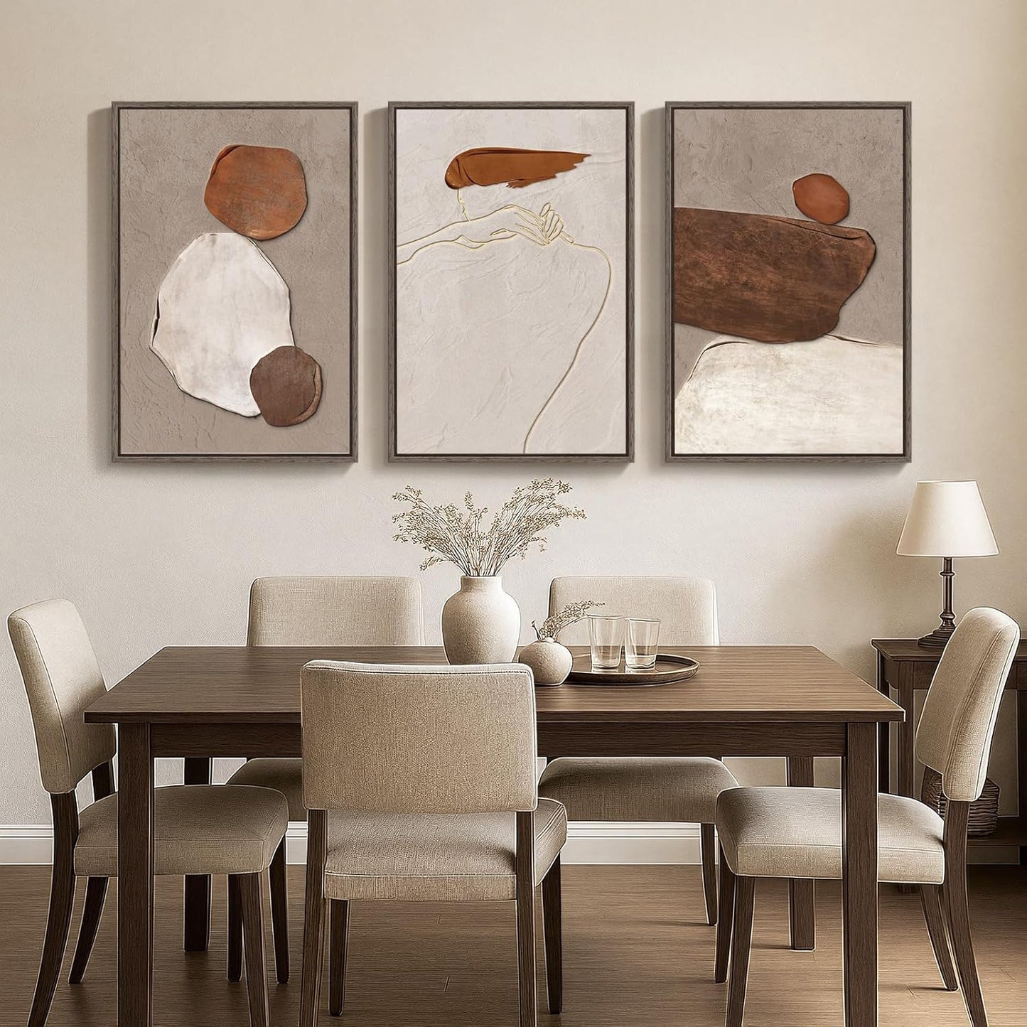 Large Framed Neutral Abstract Wall Art for Living Room, 3 Piece Modern Canvas Prints Paintings Artwork for Walls, Black and Beige Pictures for Living Room Hallway Stair Office Wall Decor 24x36 Inch