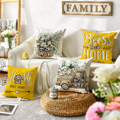 AVOIN colorlife Bless Our Home Farmhouse Eucalyptus Leaves Throw Pillow Covers, 18 x 18 Inch Truck Home Sweet Home Cushion Case Decorations Set of 4