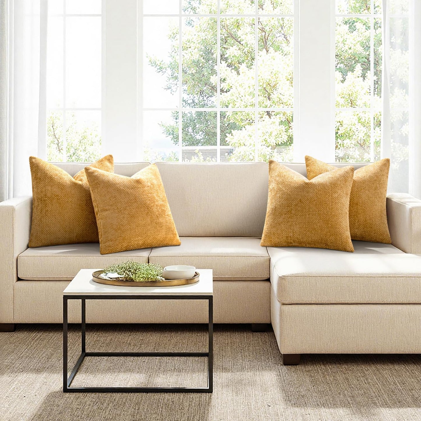 MIULEE Pack of 4 Couch Throw Pillow Covers 18x18 Inch Neutral Soft Decorative Chenille Pillow Covers Farmhouse Boho Cushion Covers for Mid Century Modern Spring Home Decor Sofa Bedroom Living Room