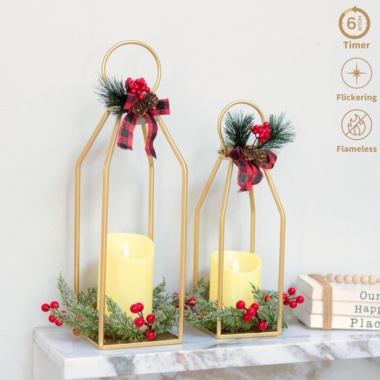 Perfnique Modern Farmhouse Lantern Decor, 15'' 13'' Set of 2 Black Metal Lantern, 2 LED 6hr Timer Flameless Candles ＆ Remote Timer, Lanterns Decorative for Outdoor, Home, Indoor, Patio, Christmas