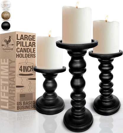 Large Candle Holders for Pillar Candles (3 Piece Set) Tall Rustic Wood Farmhouse Pillar Candlestick Stands - Fits 4 inch inch Wide Pillar Candles - Modern Candle Holder Decor (Antique White)