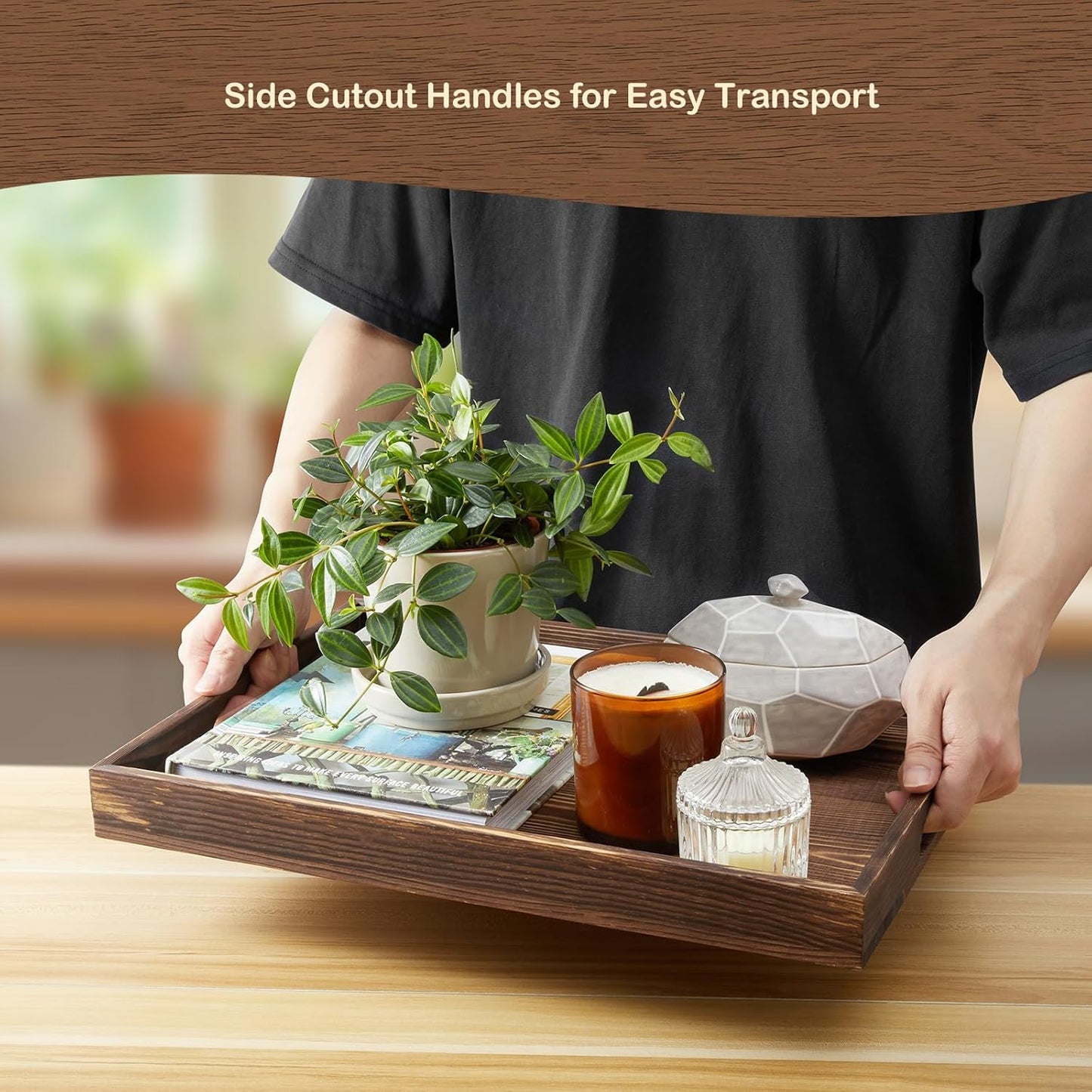 17 Inch Acacia Wood Serving Tray with Handles - Large Wooden Tray for Ottoman, Breakfast in Bed, Dinner, Coffee Table - Decorative Rectangular Tray for Living Room Bedroom Entryway and Kitchen