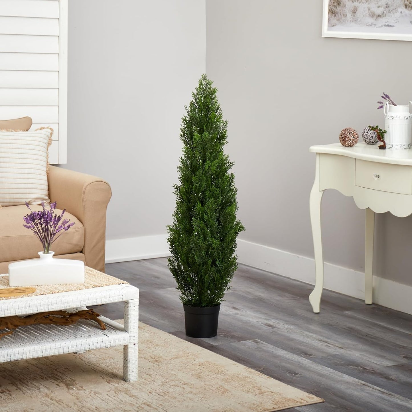 Nearly Natural 4ft Faux Cedar Tree with Nursery Planter - UV Resistant Artificial Pine with 1,000 Lifelike Tips for Outdoor Front Porch, Patio, and Entryway