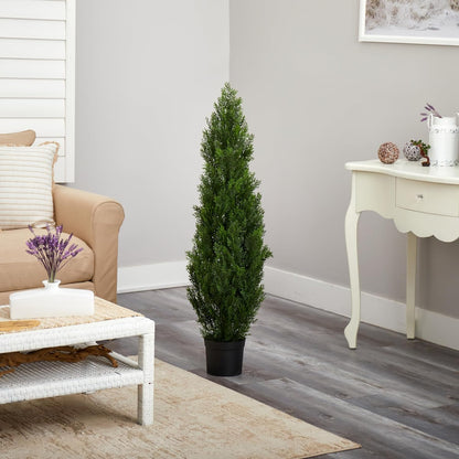 Nearly Natural 4ft Faux Cedar Tree with Nursery Planter - UV Resistant Artificial Pine with 1,000 Lifelike Tips for Outdoor Front Porch, Patio, and Entryway