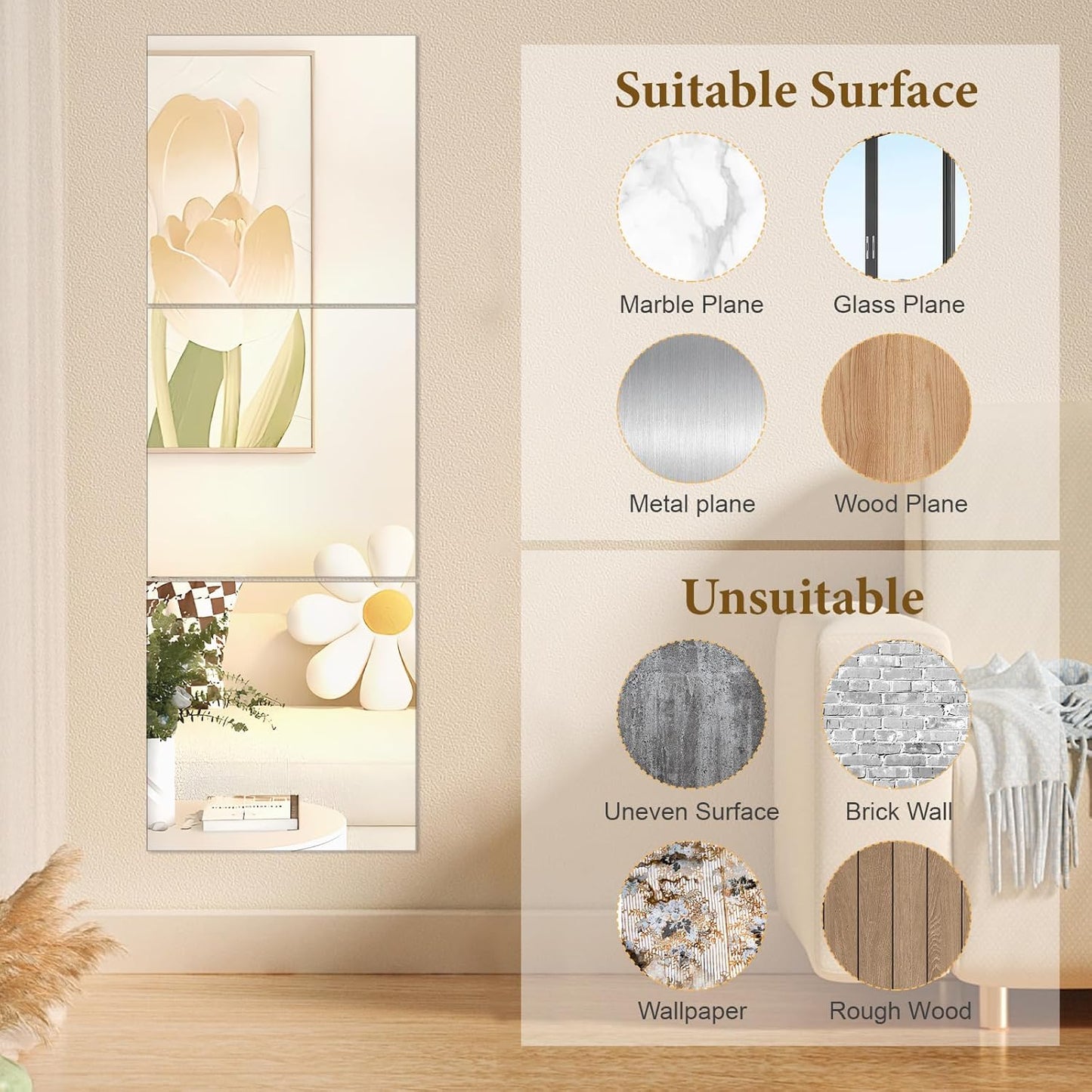 12'' Round Wall Mirror Tiles High Clear Reflecticon Self Adhesive Acrylic Mirror Sheets Circle Stickers for Bathroom, Bedroom, Door, Home Decor