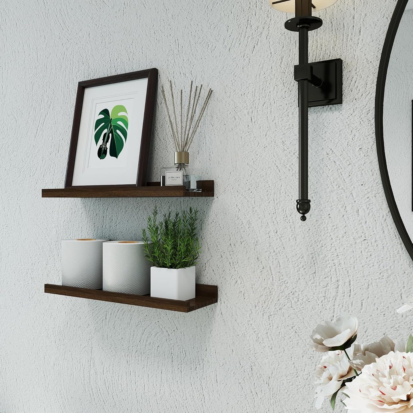 White Floating Shelves for Wall Decor, Wall Mounted Wood Storage Shelf for Bedroom, Living Room, Bathroom, Kitchen, Nursery, Display Picture Ledge Shelf with Lip Set of 2-14 Inches, White