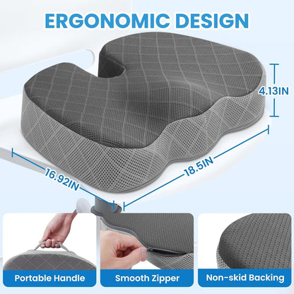 TushGuard Seat Cushion - Memory Foam Cushion for Office Chair, Car Seat, Airplane, Bleacher - Sciatica & Hip & Coccyx Pain Relief Desk Chair Cushion for Long Sitting Office Workers, Car Drivers