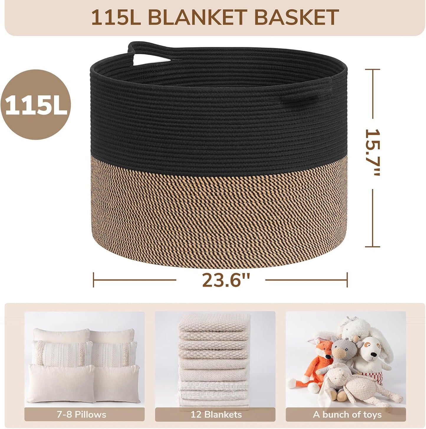 INDRESSME XXXLarge Blanket Basket for Living Room 21.7" x 21.7" x 13.8"-Storage Basket with Handle for Organizing Toy Pillows Woven Cotton Rope Laundry Basket Stuffed Animal Toy Storage for Play Room
