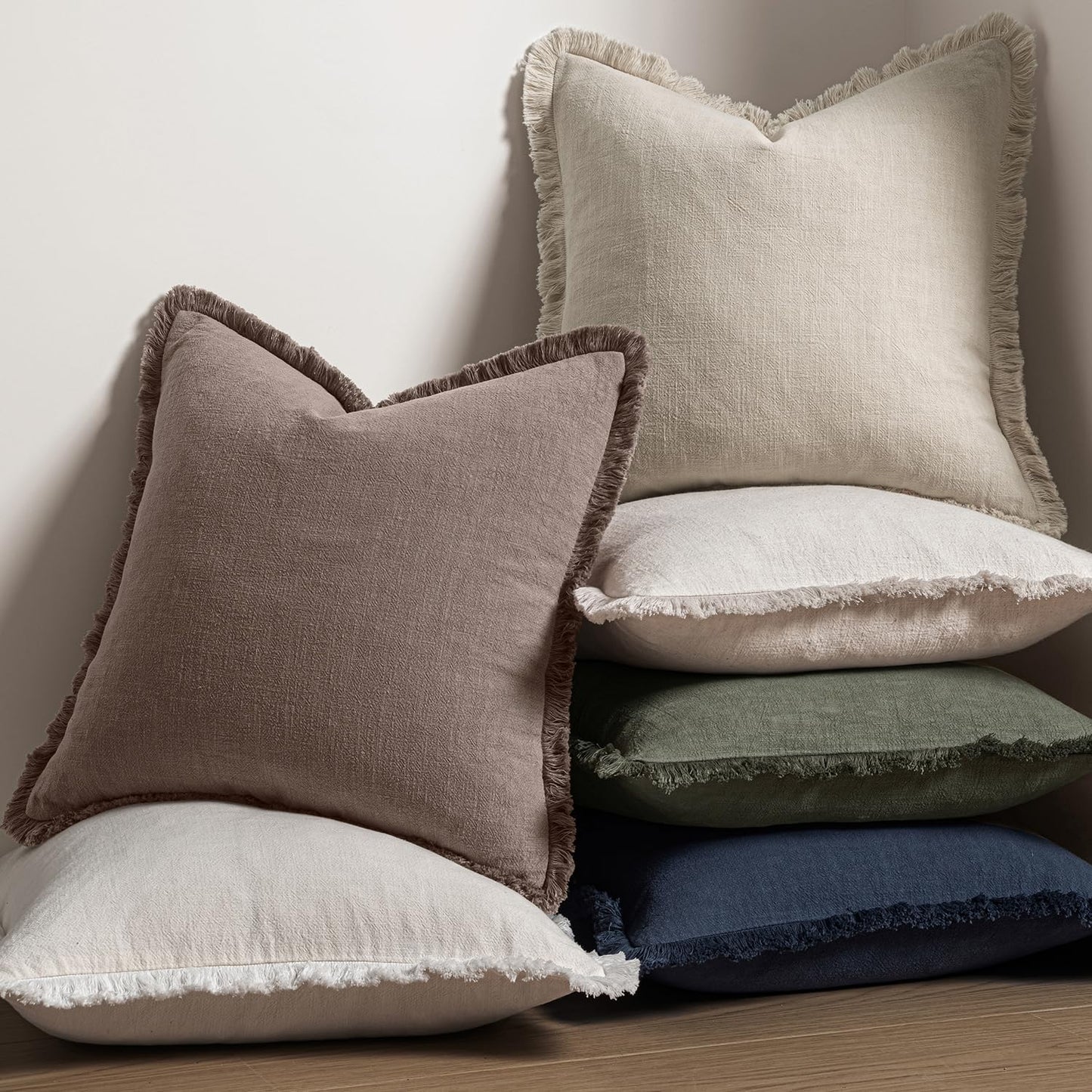 MIULEE Decorative Throw Pillow Covers Neutral Linen Fringe Throw Pillows Set of 2 Natural Beige Boho Farmhouse Cushion Covers with Tassels for Couch Sofa Bed Spring Home Decor 20x20 Inch