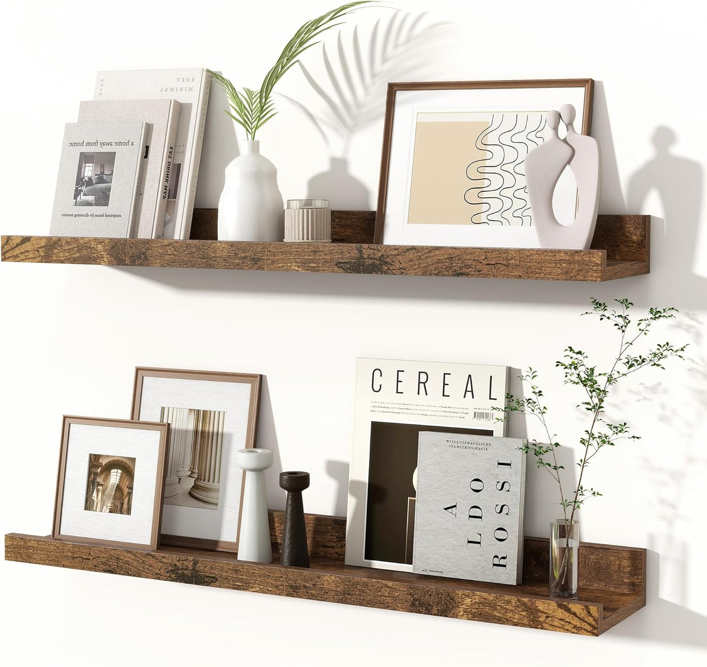 Fun Memories Picture Ledge Shelves Set of 2, 32 Inch Rustic Wall Mounted Floating Shelves with Lip for Home Storage and Décor in Bathroom, Kitchen, Nursery, Bedroom, Living Room, Walnut