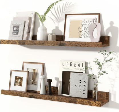 Fun Memories Picture Ledge Shelves Set of 2, 32 Inch Rustic Wall Mounted Floating Shelves with Lip for Home Storage and Décor in Bathroom, Kitchen, Nursery, Bedroom, Living Room, Walnut