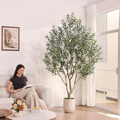 Verinatural Olive Tree Artificial Indoor, 8FT Tall Faux Olive Tree with 18in White Planter, Artificial Plants with Natural Wood Trunk and Lifelike Fruits for Home Office Decor,VN205