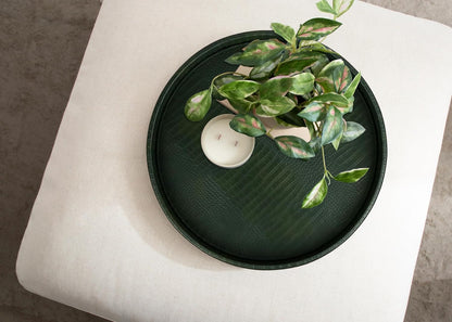 HofferRuffer Round Serving Tray 20'', Elegant Faux Leather Circle Ottoman Table Tray, Serve Tea Coffee Breakfast in Bedroom Living Room Kitchen (Brown)