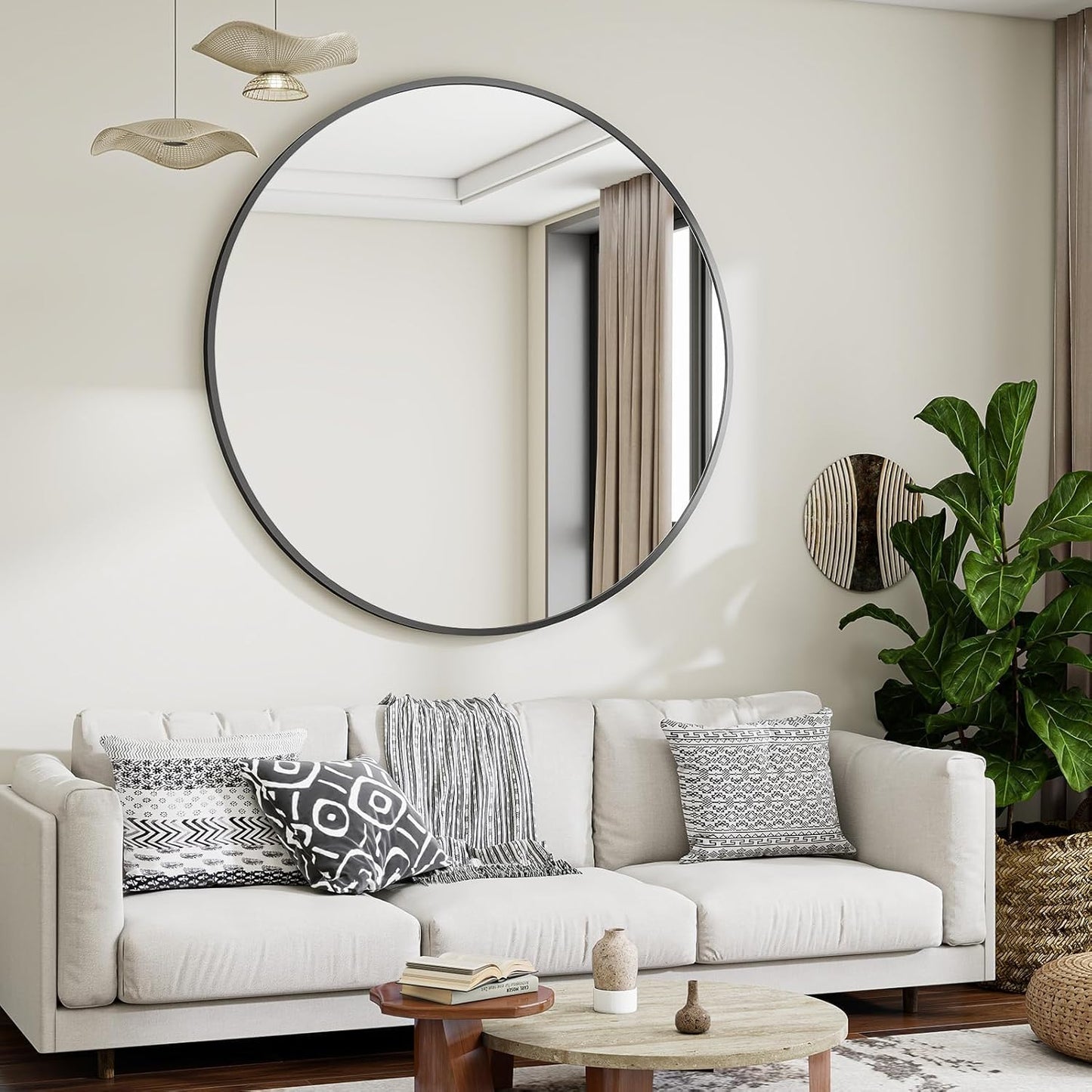VooBang Large Black Round Bathroom Mirror, 48 inch Circle Wall Mounted Hanging Mirror with Simple Modern Circular Metal Frame for Hallway, Entryway, Living Room, Black Frame