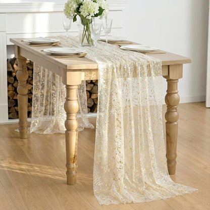 Artoid Mode Beige Gold Gauze Table Runner 120 Inch 10FT, Glitter Metallic Foil Sheer Dining Wedding Anniversary Holiday Birthday Table Decor for Home Party