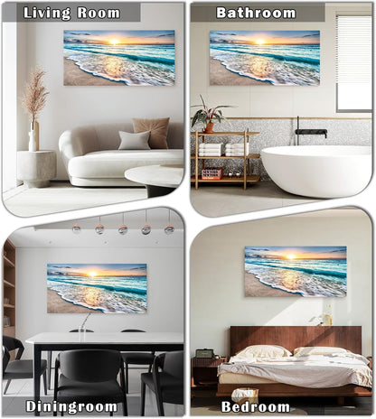 Baisuart S02250 Canvas Prints Wall Art Beach Sunset Ocean Waves Nature Pictures Stretched Canvas Wooden Framed for living Room Bedroom and Office