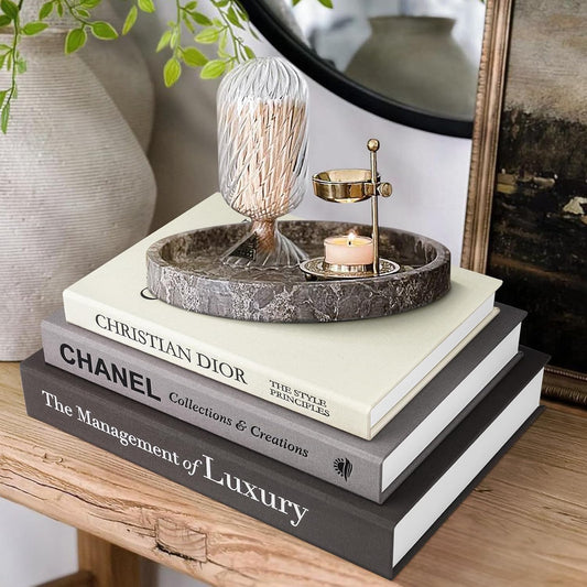 1DOT2 Aesthetic Decorative Books -Set of 3 Minimalist Linen Hardcover Faux/Fake Books for Coffee Table Home Decor Living Room Decoration, Photo Storage or as a Keepsake Box(Black-gray-beige-luxury)