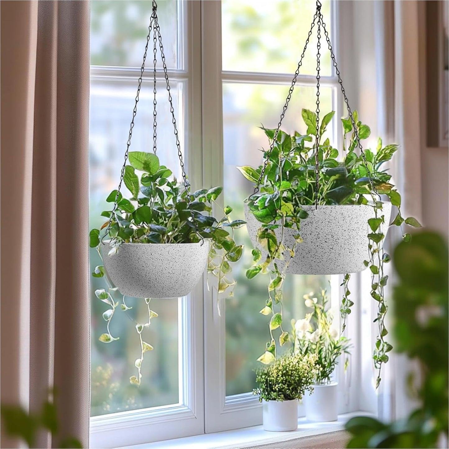 T4U Hanging Planters for Indoor Plants, 10 Inch Hanging Planter Outdoor 2 Pack, Hanging Basket with Drainage Holes, Hanging Plant Holder Indoor, Flower Pots, Plant Pots for Garden, Grey