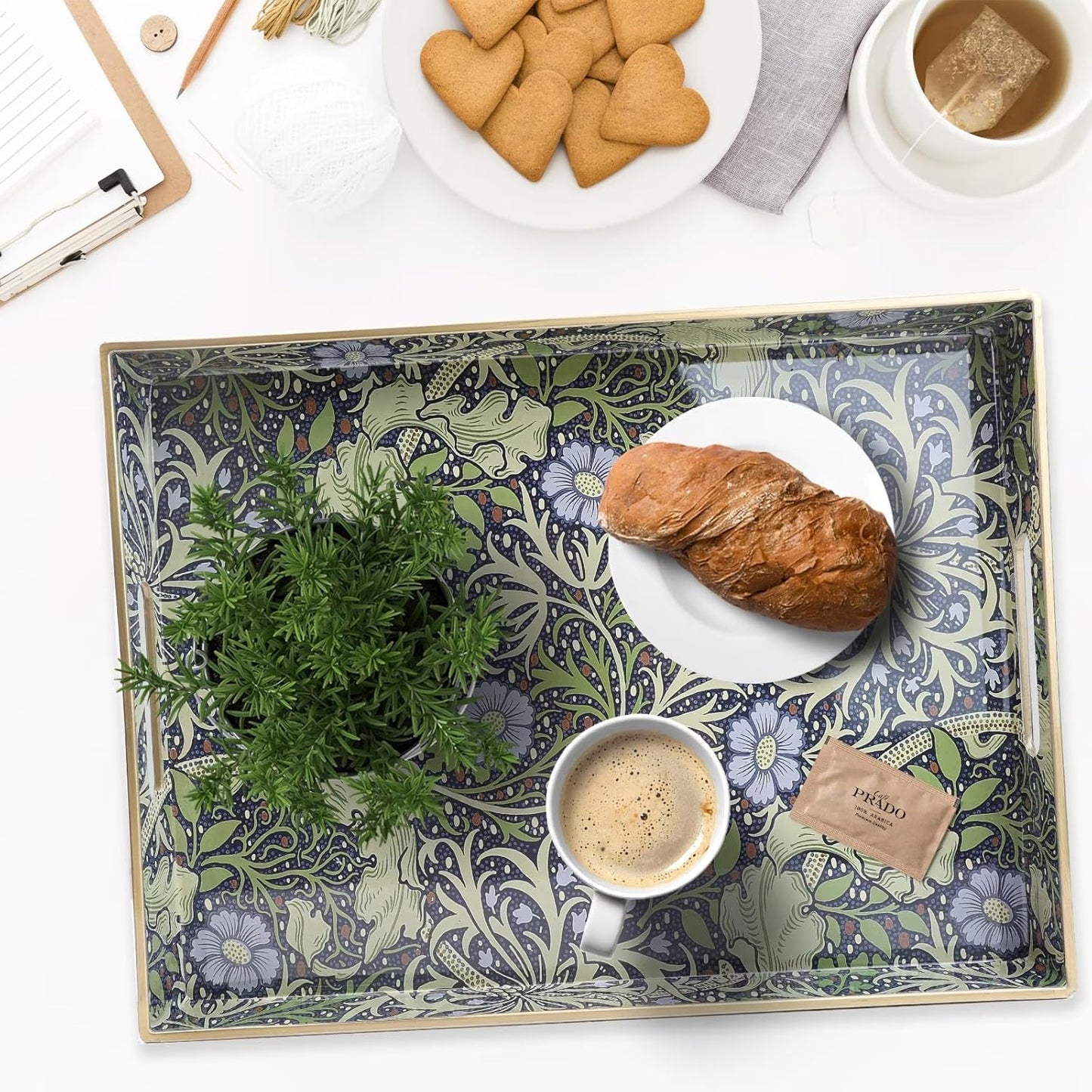 Spsyrine Serving Tray with Handles, Plastic Decorative Tray for Coffee Table, Living Room, Home Decor, Dianthus